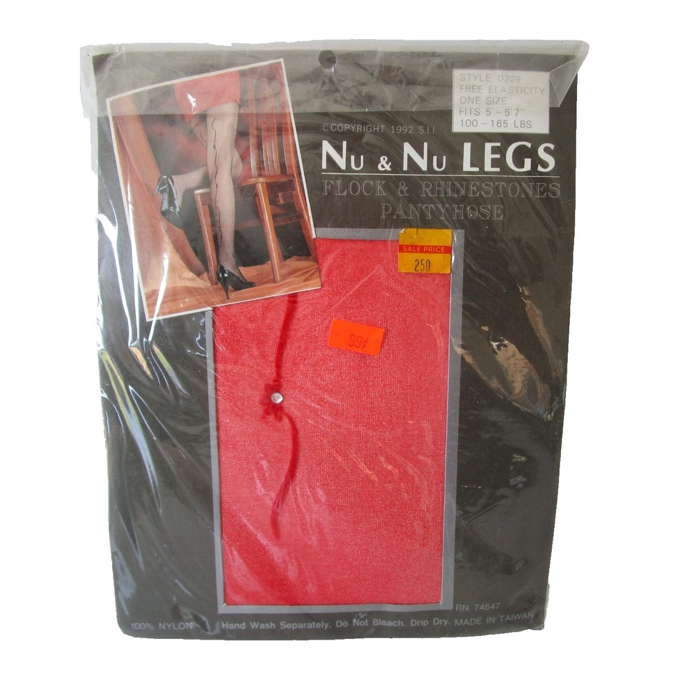 Nu & Nu LEGS RED with FLOCK & RHINESTONE Vintage Pantyhose One Size NEW NOS